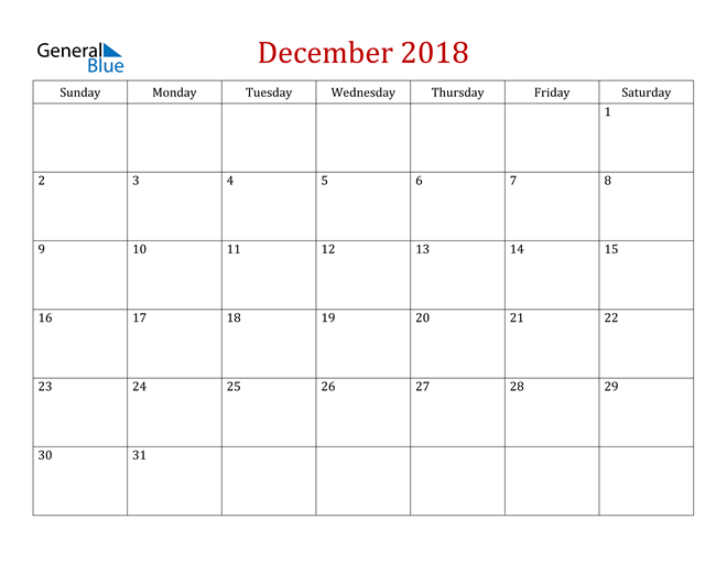  Blank December 2018 Calendar