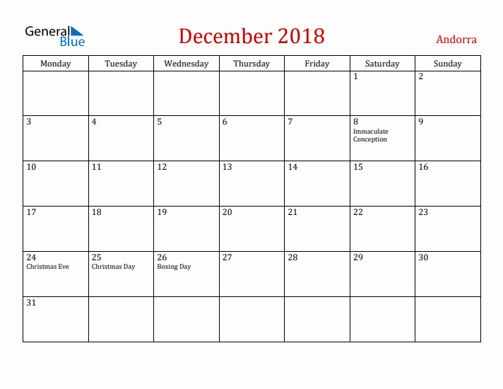 Andorra December 2018 Calendar - Monday Start