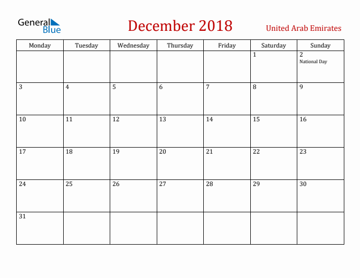 United Arab Emirates December 2018 Calendar - Monday Start