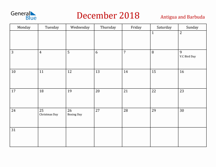 Antigua and Barbuda December 2018 Calendar - Monday Start