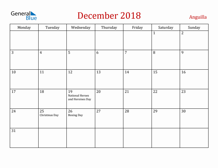 Anguilla December 2018 Calendar - Monday Start
