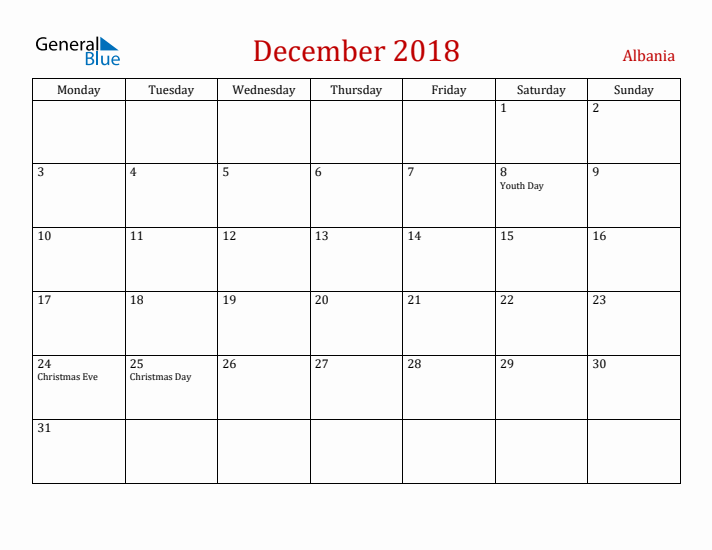 Albania December 2018 Calendar - Monday Start