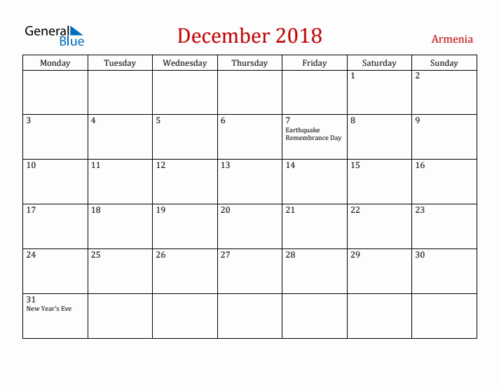 Armenia December 2018 Calendar - Monday Start
