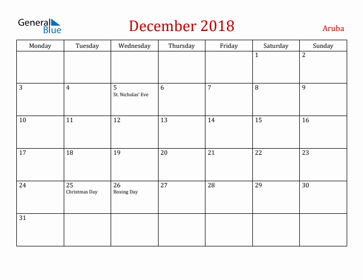 Aruba December 2018 Calendar - Monday Start