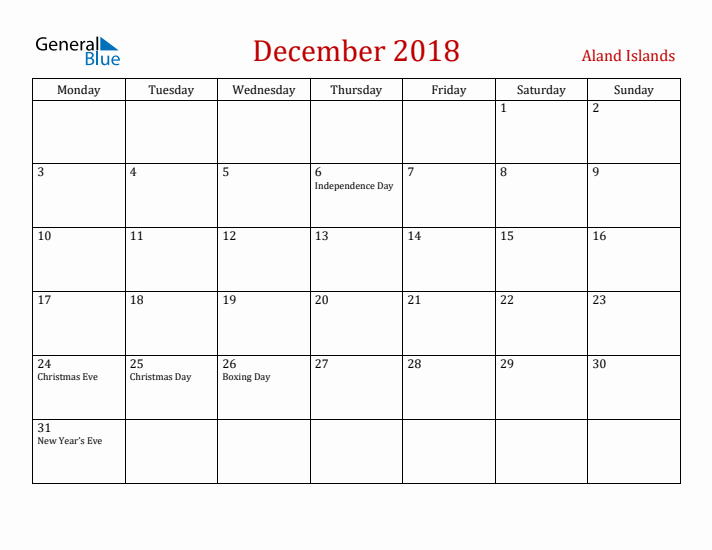 Aland Islands December 2018 Calendar - Monday Start