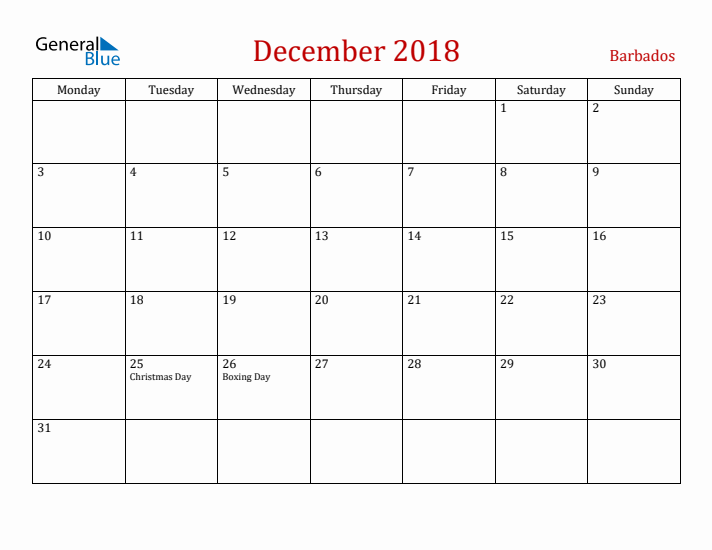 Barbados December 2018 Calendar - Monday Start