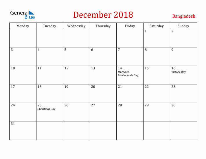 Bangladesh December 2018 Calendar - Monday Start