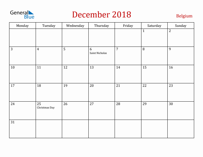 Belgium December 2018 Calendar - Monday Start