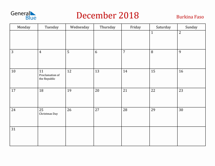 Burkina Faso December 2018 Calendar - Monday Start