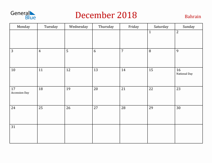 Bahrain December 2018 Calendar - Monday Start