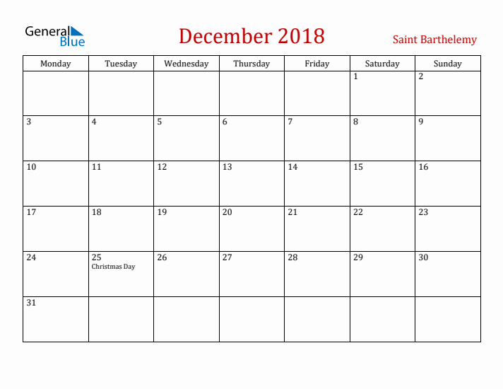 Saint Barthelemy December 2018 Calendar - Monday Start