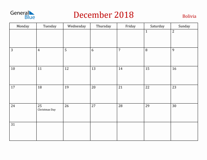Bolivia December 2018 Calendar - Monday Start