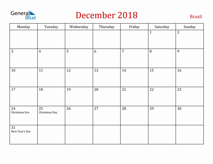 Brazil December 2018 Calendar - Monday Start