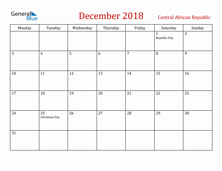 Central African Republic December 2018 Calendar - Monday Start