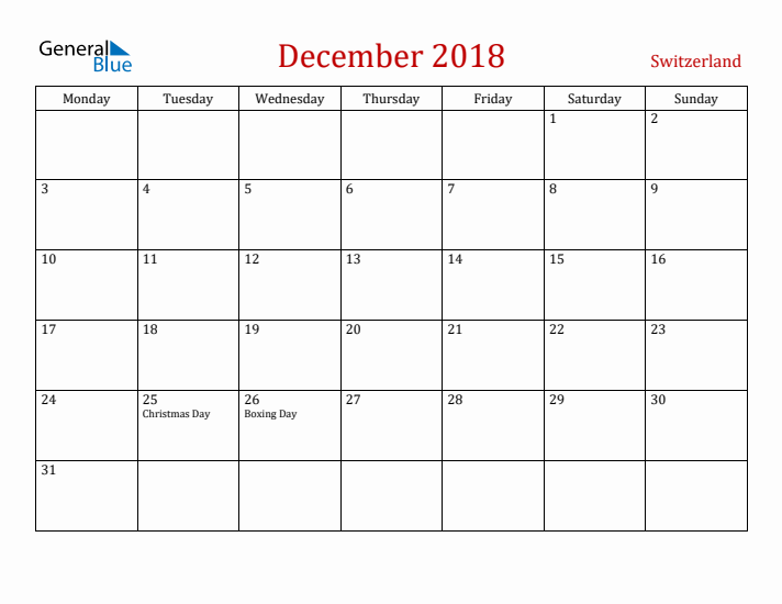 Switzerland December 2018 Calendar - Monday Start