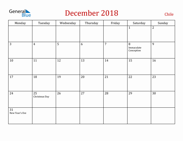 Chile December 2018 Calendar - Monday Start