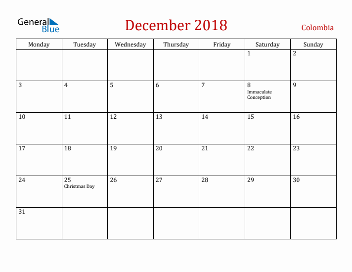 Colombia December 2018 Calendar - Monday Start
