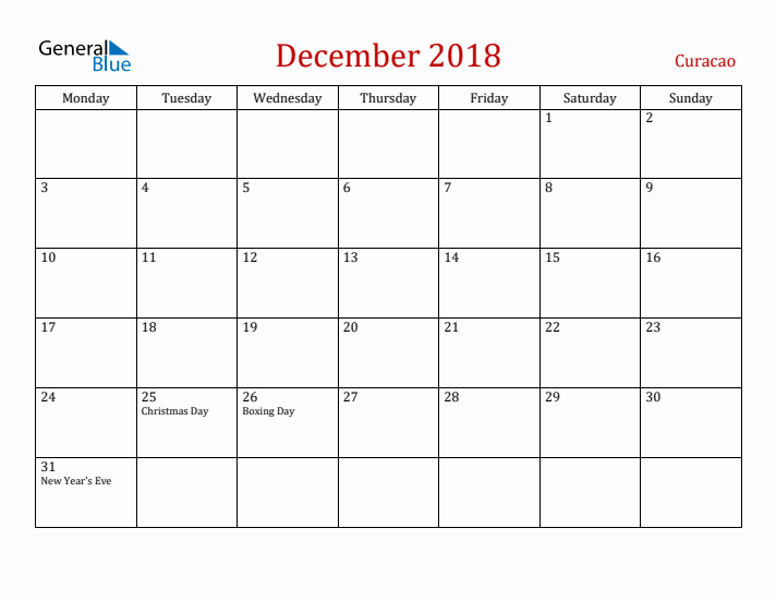 Curacao December 2018 Calendar - Monday Start