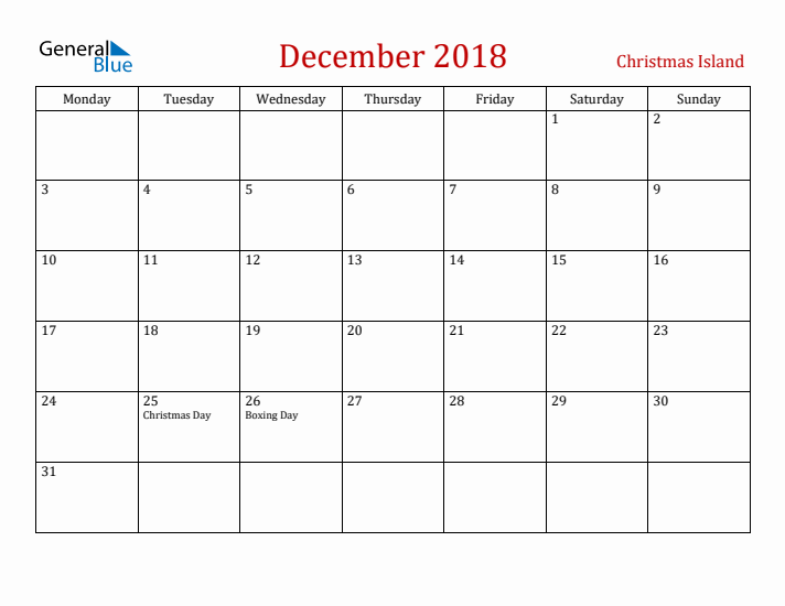 Christmas Island December 2018 Calendar - Monday Start