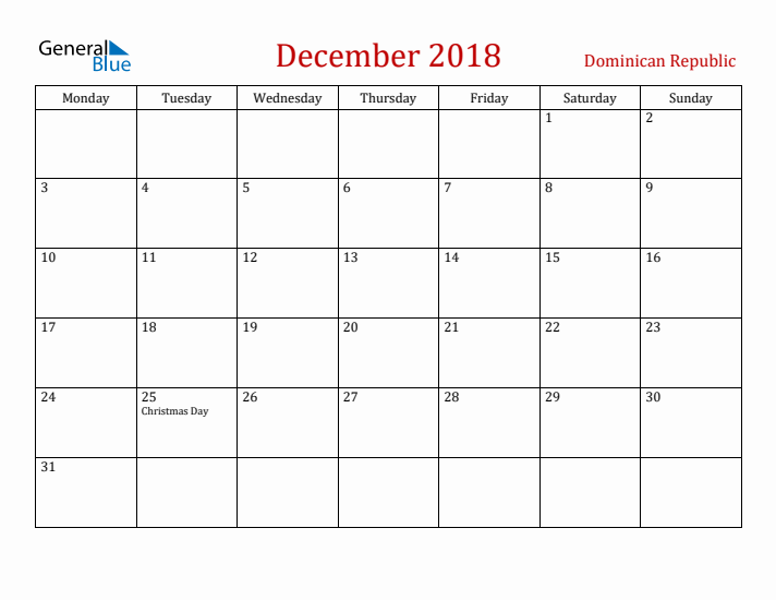 Dominican Republic December 2018 Calendar - Monday Start