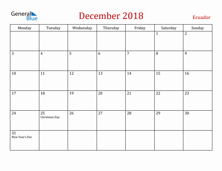 Ecuador December 2018 Calendar - Monday Start