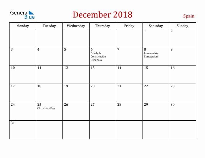 Spain December 2018 Calendar - Monday Start