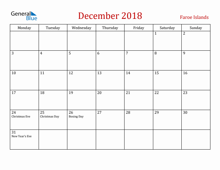 Faroe Islands December 2018 Calendar - Monday Start