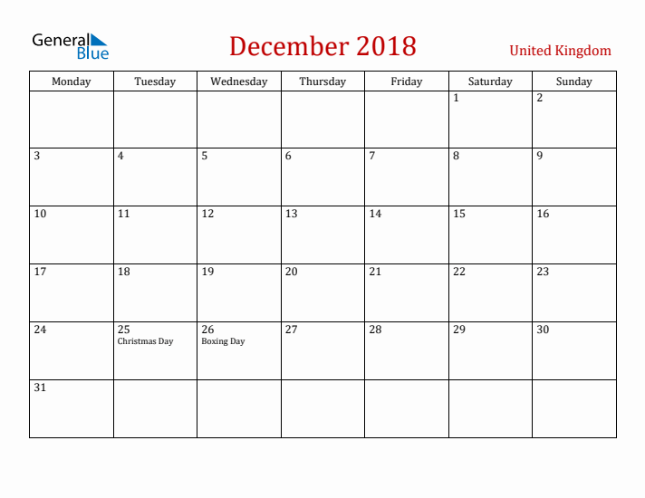 United Kingdom December 2018 Calendar - Monday Start
