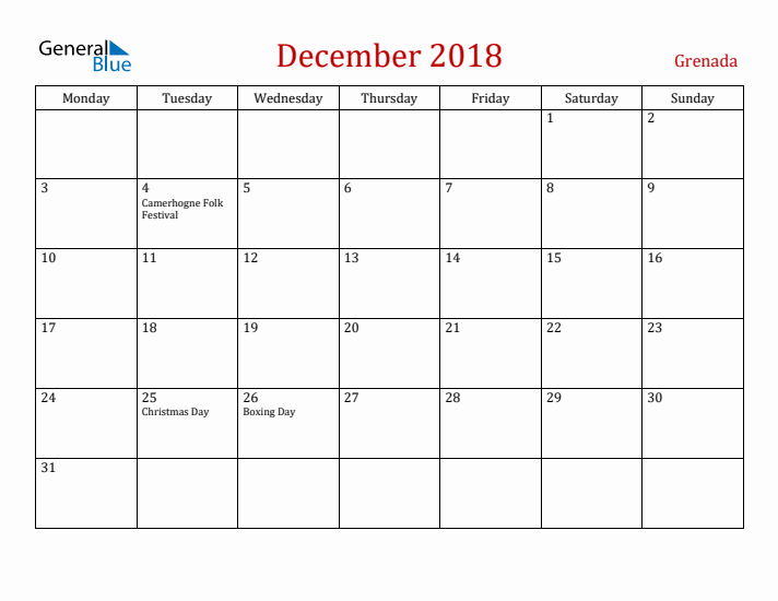 Grenada December 2018 Calendar - Monday Start