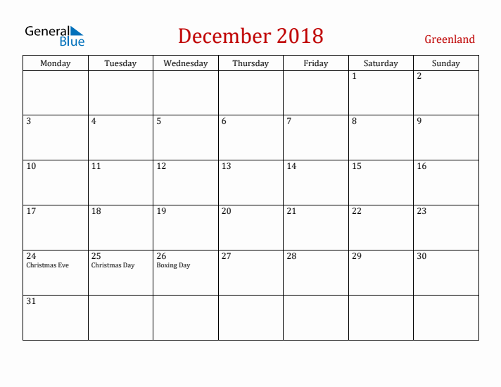 Greenland December 2018 Calendar - Monday Start