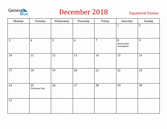 Equatorial Guinea December 2018 Calendar - Monday Start
