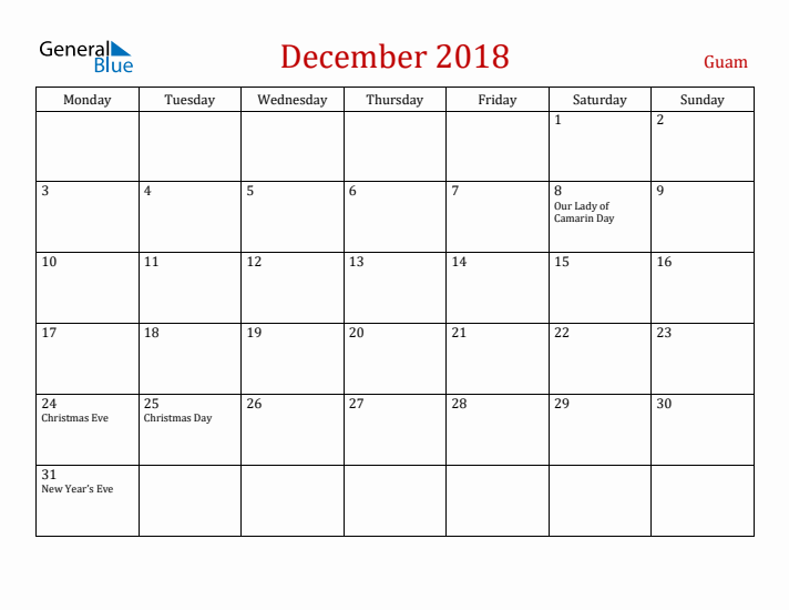 Guam December 2018 Calendar - Monday Start