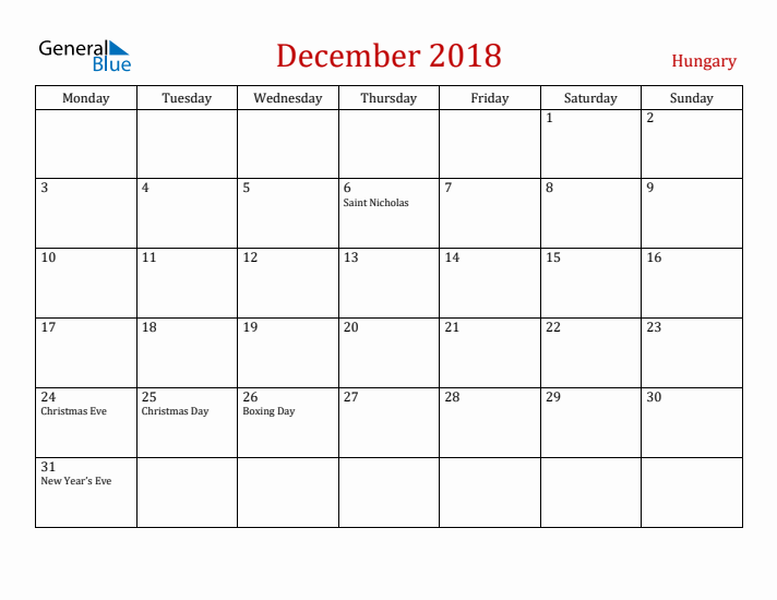 Hungary December 2018 Calendar - Monday Start