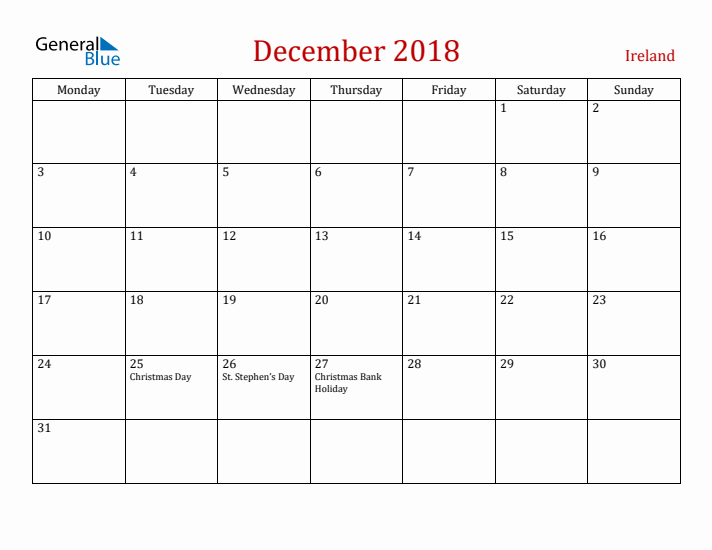 Ireland December 2018 Calendar - Monday Start