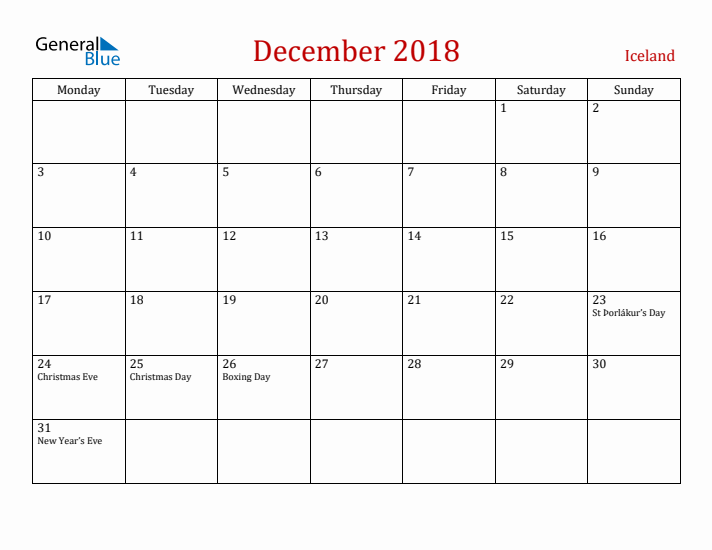 Iceland December 2018 Calendar - Monday Start