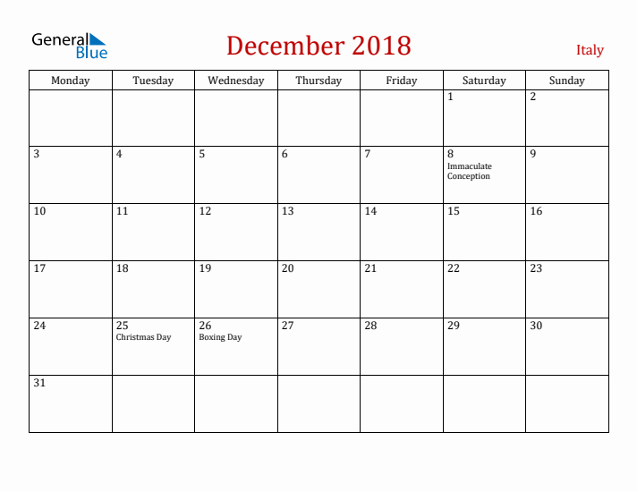 Italy December 2018 Calendar - Monday Start