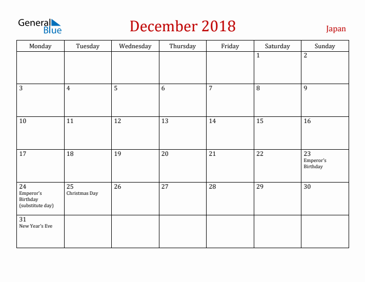 Japan December 2018 Calendar - Monday Start