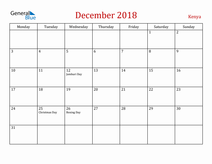 Kenya December 2018 Calendar - Monday Start