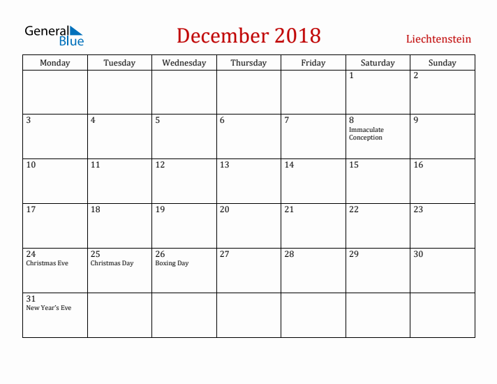 Liechtenstein December 2018 Calendar - Monday Start