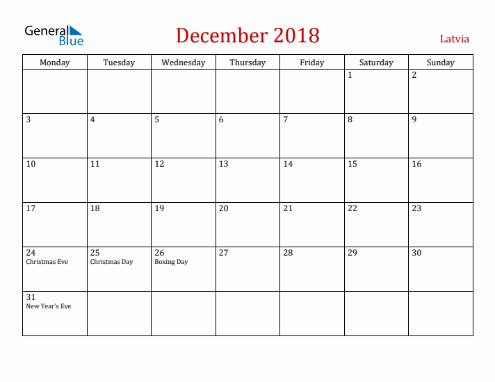 Latvia December 2018 Calendar - Monday Start
