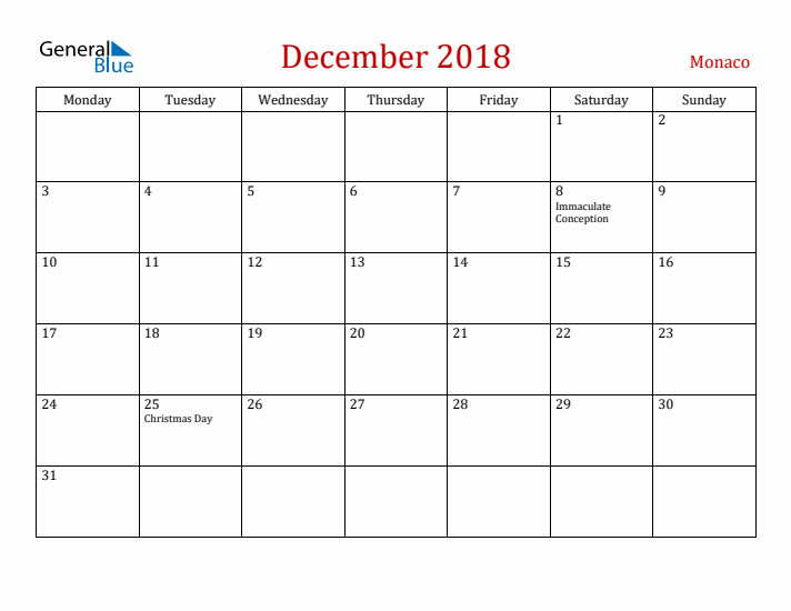 Monaco December 2018 Calendar - Monday Start