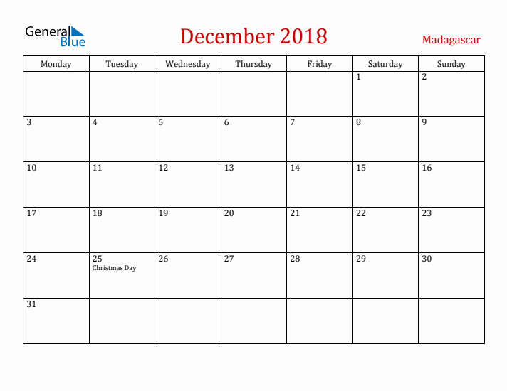 Madagascar December 2018 Calendar - Monday Start