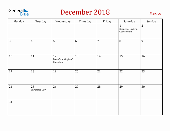 Mexico December 2018 Calendar - Monday Start