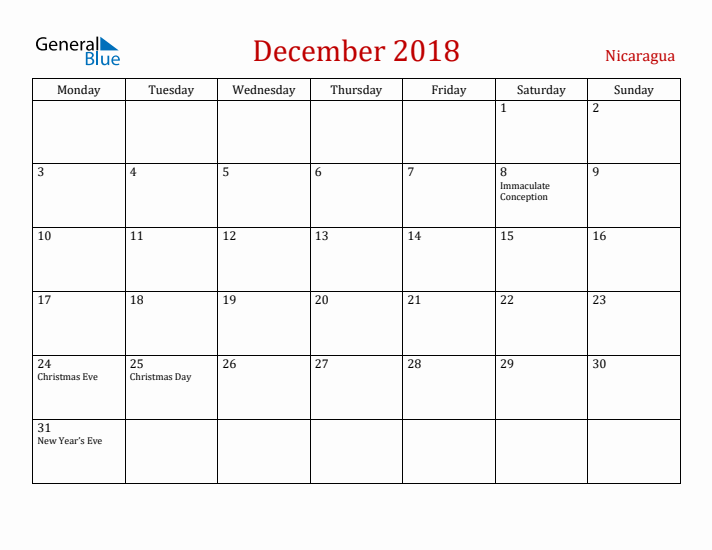 Nicaragua December 2018 Calendar - Monday Start