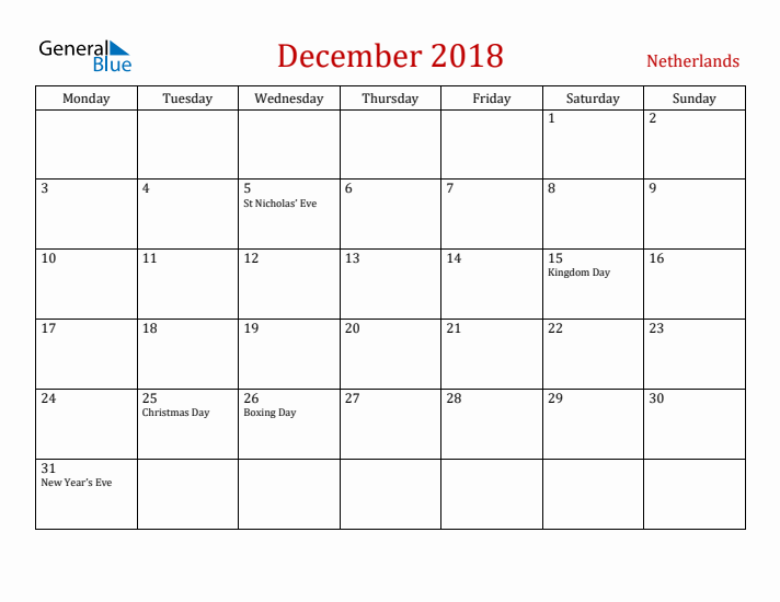 The Netherlands December 2018 Calendar - Monday Start