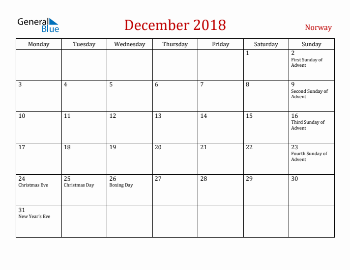 Norway December 2018 Calendar - Monday Start