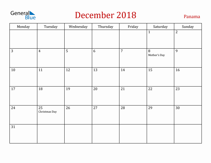 Panama December 2018 Calendar - Monday Start