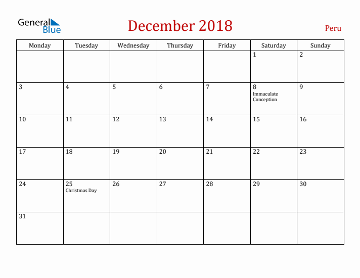 Peru December 2018 Calendar - Monday Start