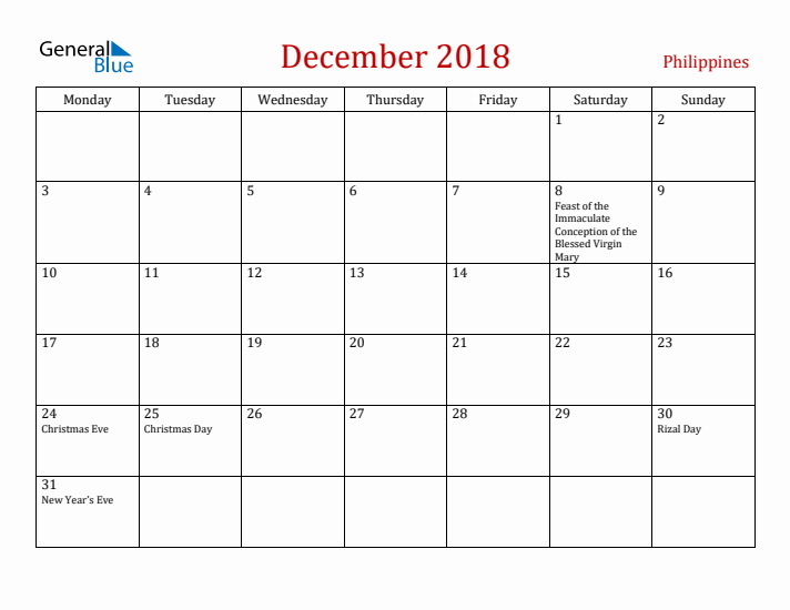 Philippines December 2018 Calendar - Monday Start