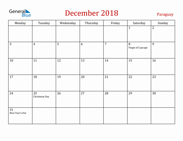 Paraguay December 2018 Calendar - Monday Start